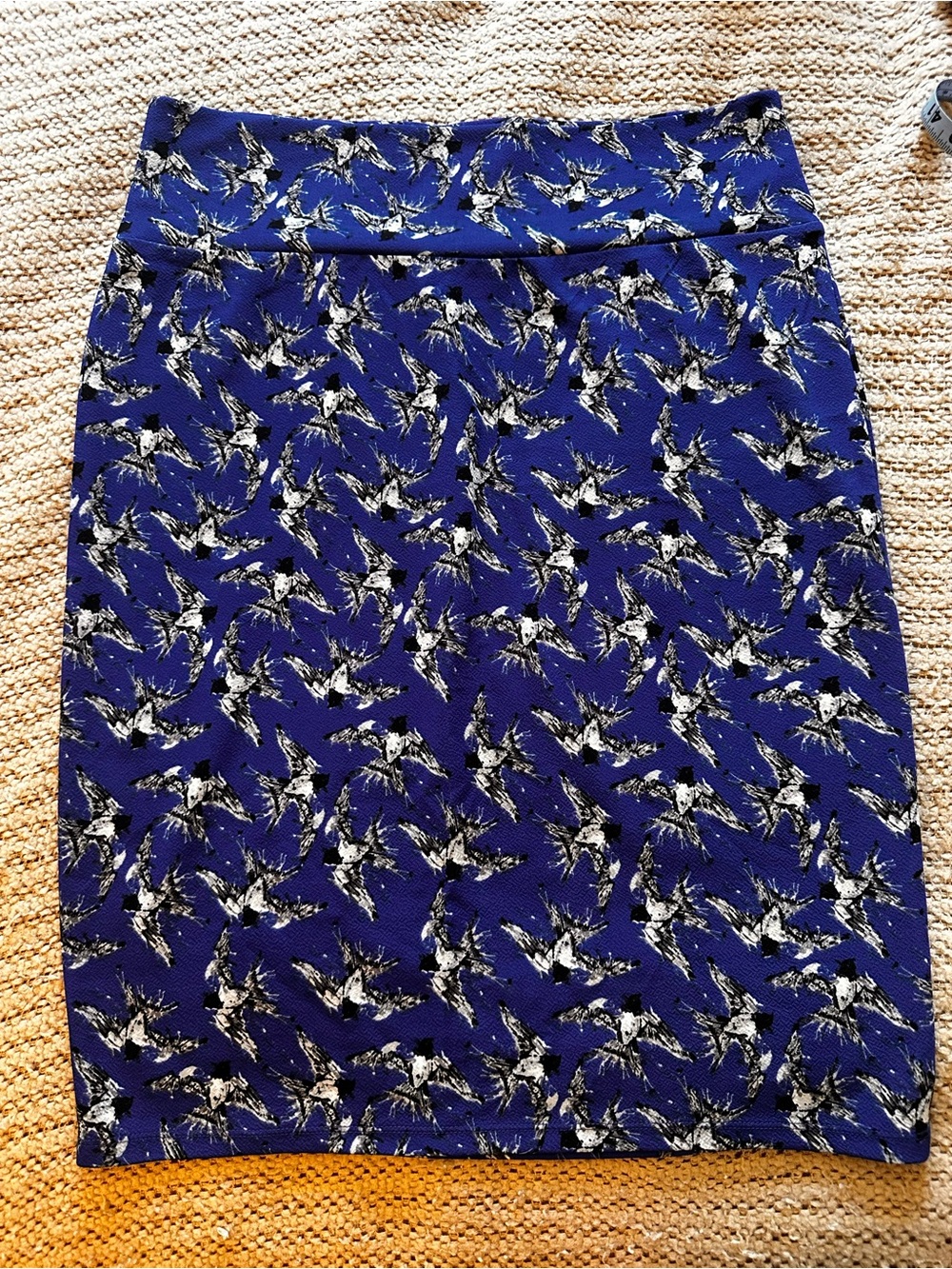 LuLaRoe Royal Blue Pencil Skirt with Black & White Bird Print